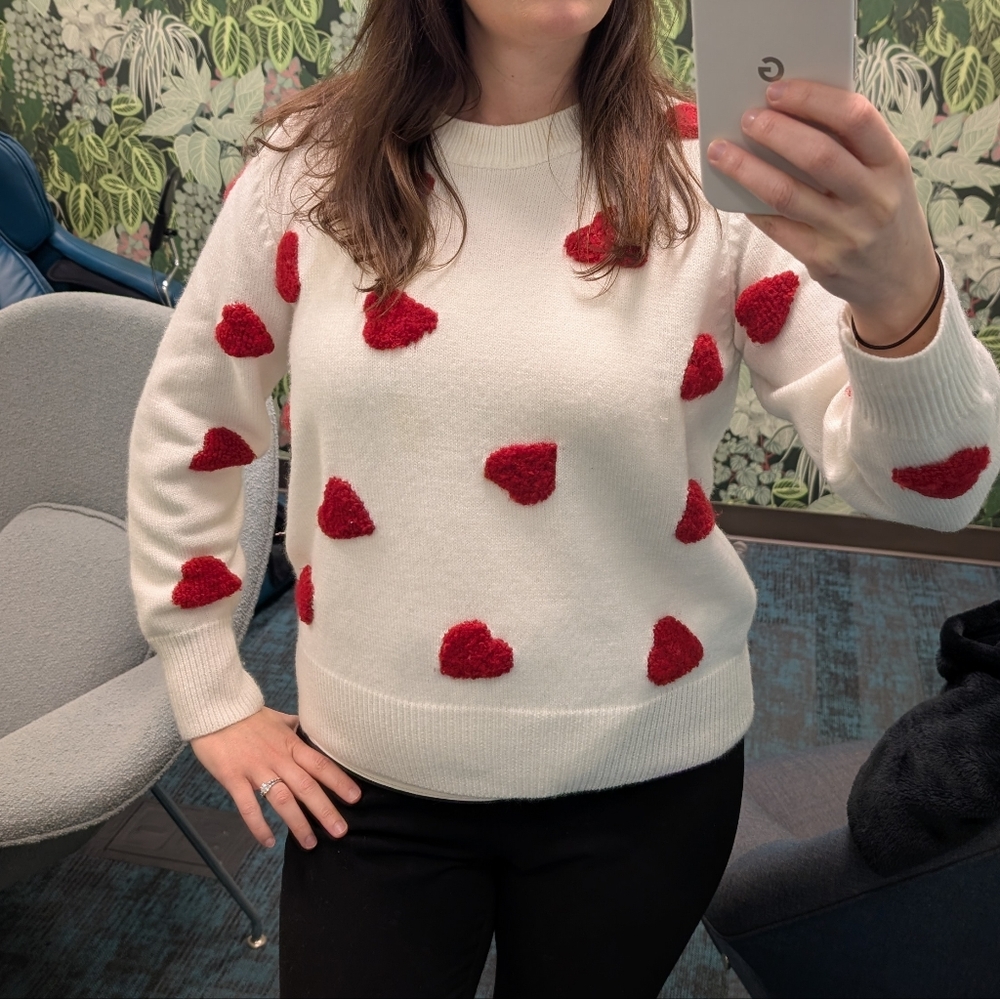 Women's White Sweater with Red Heart Accents